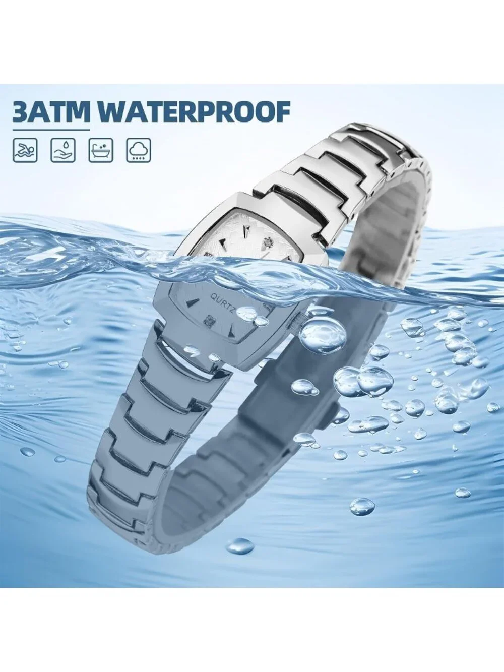 Women's Silver White Analog Steel Dainty Rectangle Waterproof Square Wrist Watch
